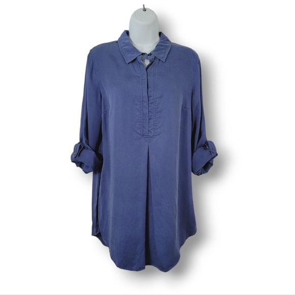 Soft Surroundings Blue Sleeve Tencel Snap Tab Tunic Shirt Denim Embroidered S - Picture 2 of 11